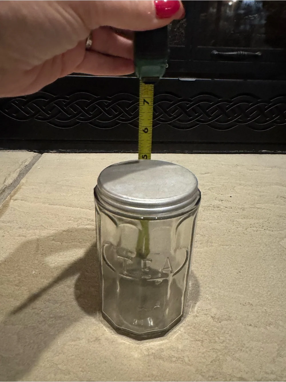 Antique 1920s-1930’s Hoosier Style Glass Tea Canister Jar Aluminum Lid 5” Tall